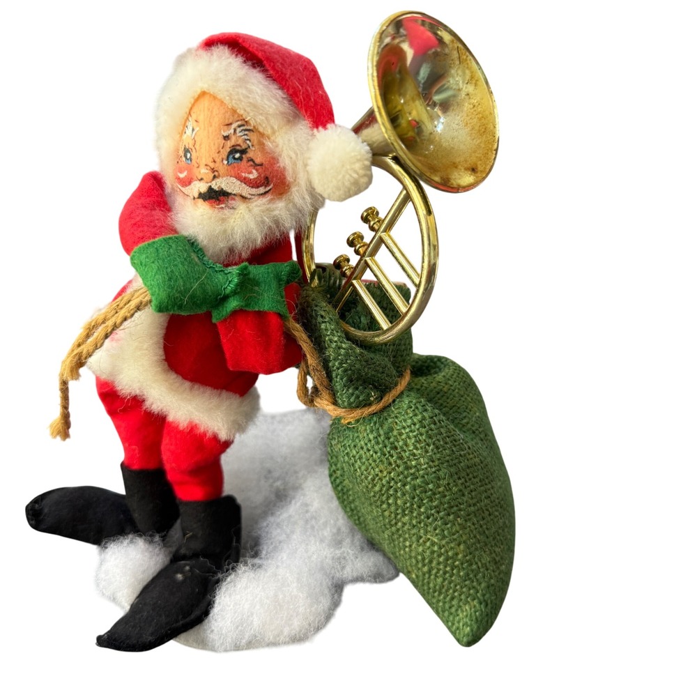 VTG Annalee Santa Claus Figurine French Horn Gift Sack‎ 10" Felt Christmas Decor